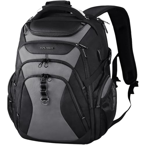 KROSER Travel Laptop Backpack 18.4 Inch L Gaming Backpack with Hard Shell Saferoom RFID Pockets Water-Repellent Business College Daypack Stylish Laptop Bag for MenWomen-Black Grey