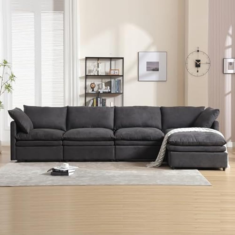 Sectional Sofa Couch with Removable Ottoman for Living Room, Upholstered Modular Sofa 5-seat Sleeper Couch with Pillow Chaise Lounge for Bedroom Apartment - Gray