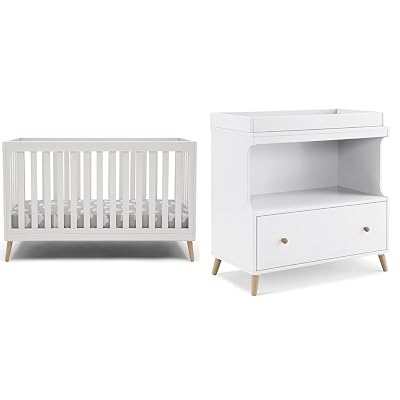 Delta Children Essex 4-in-1 Convertible Baby Crib, Bianca White with Natural Legs & Essex Convertible Changing Table with Drawer, Bianca WhiteNatural