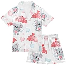 Satin Pajama Sets Short Sleeve Cute Koala Angels Hearts Button Down Silky Nightwear 2 Piece PJS 5-14Y,