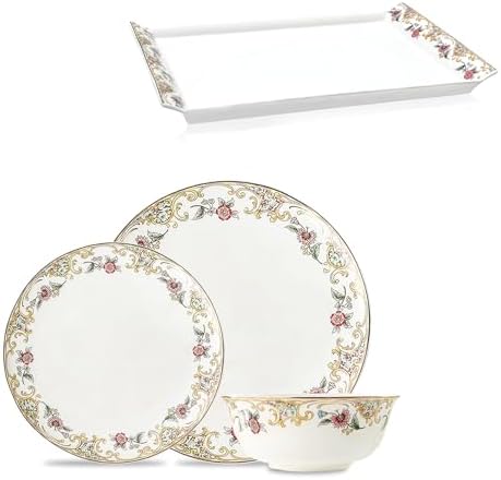 ACMLIFE Bone China Dinnerware Set for 4, Vintage Floral Design, Mount Fuji Inspired, Serving Tray Included