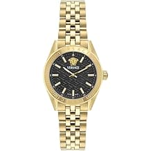 Versace V-Code Collection Luxury Womens Watch Timepieces with a Gold Bracelet and Case Featuring a Black Dial