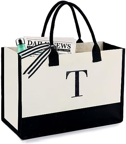 BeeGreen Embroidery Monogram Initial Tote Bag for Women Teacher Mom Friend Personalized Gift for Birthday Beach Work Wedding