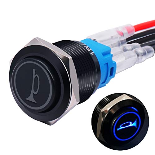 Twidec19MM Raised Speaker Horn Momentary Push Button Switch 34 Mounting Hole 12V Blue Led Light Black Stainless Steel Shell 1NO 1NC SPDT with Pre-wiring Wires Switch For Car Modification BKG19LB-BU