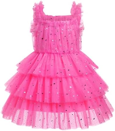 OBEEII Toddler Girls Glitters Star Tulle Dress Formal Christening Tiered Tutu Dress Shiny Sequins Baptism Party Dress