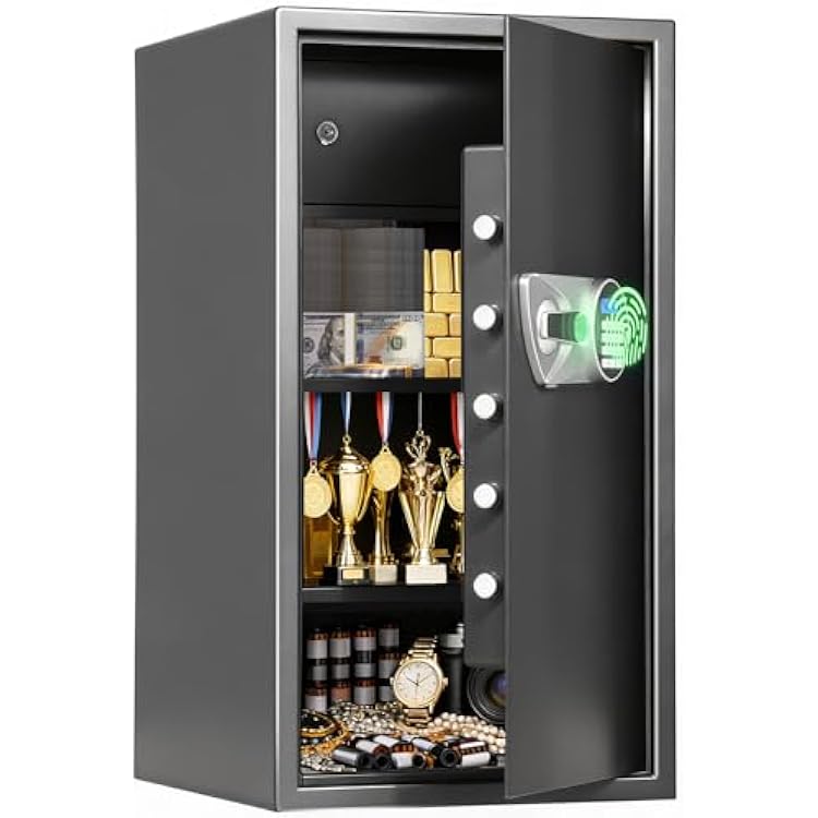 BlackSmith Large Home Safe 3.9 Cub Fingerprint Security Safe with LCD Display Dual Alarm Adjustable Shelves Wall Mount Lock Box Secure Money Jewelry with Individual Lockbox LED Light, Black