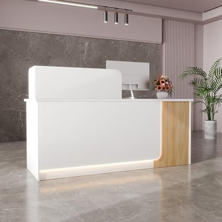 Reception Desk with Counter, Modern Front Desk Reception Counter with LED Lights and Power Hub, Retail Checkout Counter with Storage Shelf for Lobby, Office, Store, Salon WhiteL2, 63in