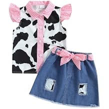 Cowgirl Outfits Toddler Girls Denim Skirt Set Button Down Ruffle Top and Jean Skirt Outfit Western Baby Clothes