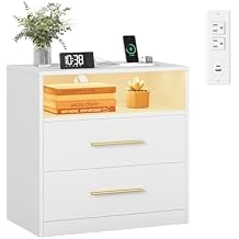 VASAGLE Custos Collection - Nightstand with Charging Station, LED Lights, Modern Night Stand, Side End Table with Drawers, Open Shelf, 2 AC Outlets USB Ports, Cloud White ULET639WB01S