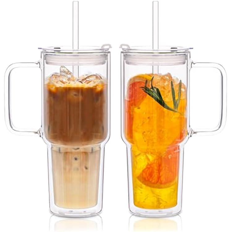 KEMORELA 2 Pack 28oz Double Wall Glass Tumblers with Handle, Lids & Straws Large Insulated Clear Borosilicate Glass Cups for Iced Coffee, Smoothies, Bubble Tea & Cold Beverages