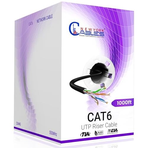 NewYork Cables | CAT6 Ethernet Cable 1000ft | Bulk Riser CMR 23AWG, UTP 4 Pairs, 550MHz 10Gbps High-Speed LAN Cable for Streaming, Gaming, Home, Office | Easy Pull Box | Black