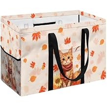 Cute Kitty Clothes Basket 65L Lightweight Laundry Hamper with Handles and Mesh Tall Dirty Clothes Hamper for Laundry, Fall Motif Falling Leaves Laundry Hamper