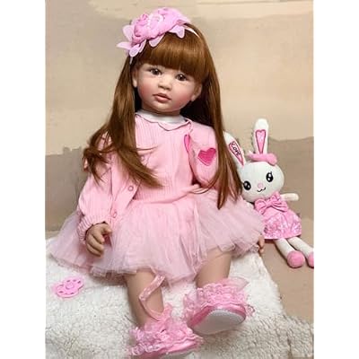 Reborn Toddler Baby Doll 24 Inch Soft Body Handmade Silicone Real Life Reborn Baby Doll Long Hair Princess Pink Dress Set Gift Toy for Kids Age 3