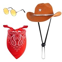 Pet Cowboy Costume Accessories for Dogs Cat Mini Cowboy Hat Sunglasses with Bandana for Halloween Party Western Cosplay (Brown)