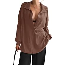 Fisoew Womens Oversized Deep V Neck Sweatshirts Casual Collared Long Sleeve Ribbed Knit Pullover Tops