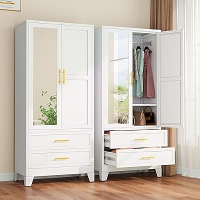 Metal Armoire Wardrobe Closet with 2 Drawers, 71 Wardrobe Cabinet with Adjustable Shelves and Hanging Rod, Clothing Storage Cabinet Closet with Mirror for Bedroom-White