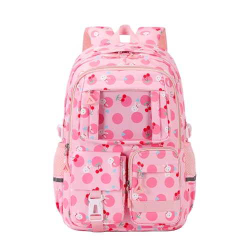 MATMO Cherry Backpack for Girls Book Bag School Backpack Kids Student Bookbag Travel Daypack Pink Cherry