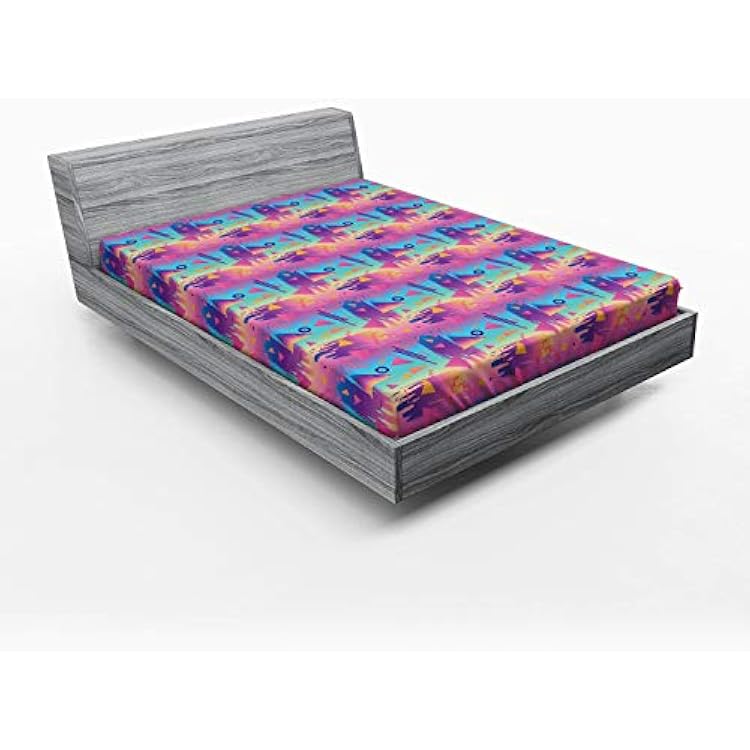 Lunarable Geometric Fitted Sheet, 90s Fashion Style Abstract Composition Quirky Shapes Lines Triangles in Ombre, Bed Cover with All-Round Elastic Deep Pocket for Comfort, Full Size, Violet Aqua