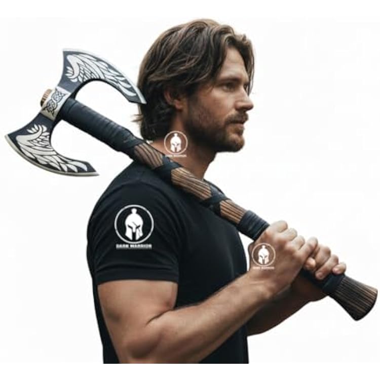 DARK WARRIOR- Handmade Viking Double Headed Axe Real Battle Two Sided Twin Blade Axe with Solid Handle, Leather Sheath Best Gift for Him Viking Lover.
