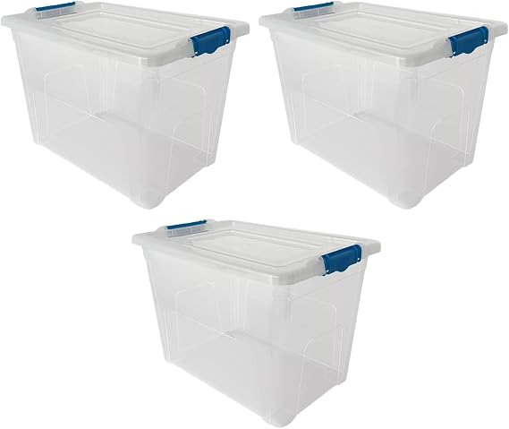 STASH’D STORAGE 50L or 80L Storage Boxes with Lids - Stackable Clear Plastic Boxes with Clip-Lock Lid - Durable & Multipurpose Storage Box for Home, Office & Garage Organisation (Pack of 3, 80 Litres)