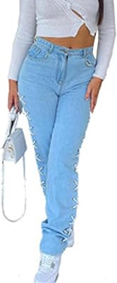 iticat Womens Lace Up Skinny Jeans High Waisted Bodycon Boyfriend Eyelet Criss Cross Bandage Blue Denim Trousers