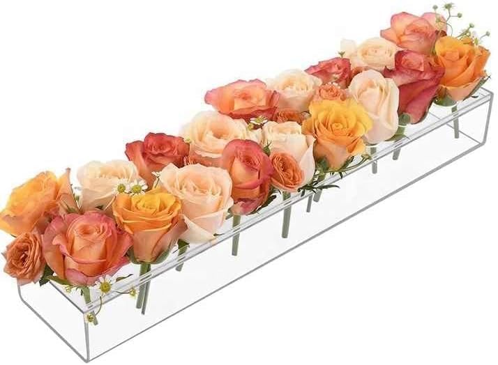 Vzmiza Premium Quality Luxury Rectangular Floral Centerpiece for Dining Table - 41 Centimeter Long Acrylic Flower Vase Rectangular Clear Vase - Acrylic Modern Vase - Floral Vases for Centerpieces