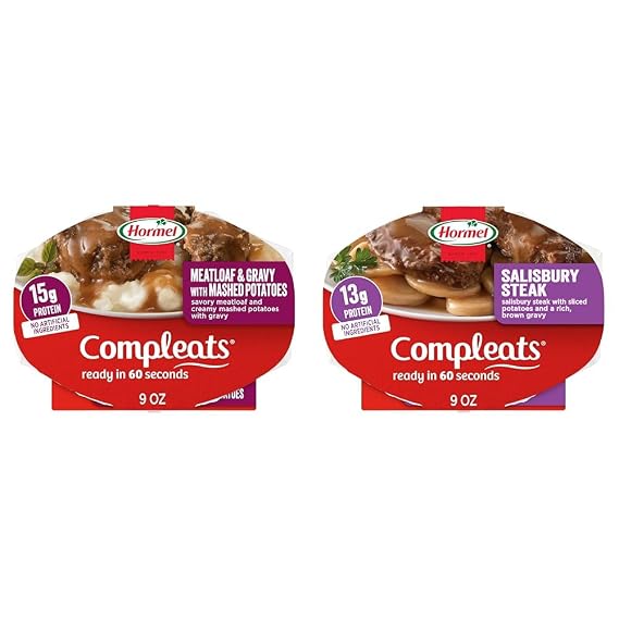HORMEL COMPLEATS Meatloaf & Gravy With Mashed Potatoes and HORMEL COMPLEATS Salisbury Steak Microwave Tray, 9 oz. (6 Pack)