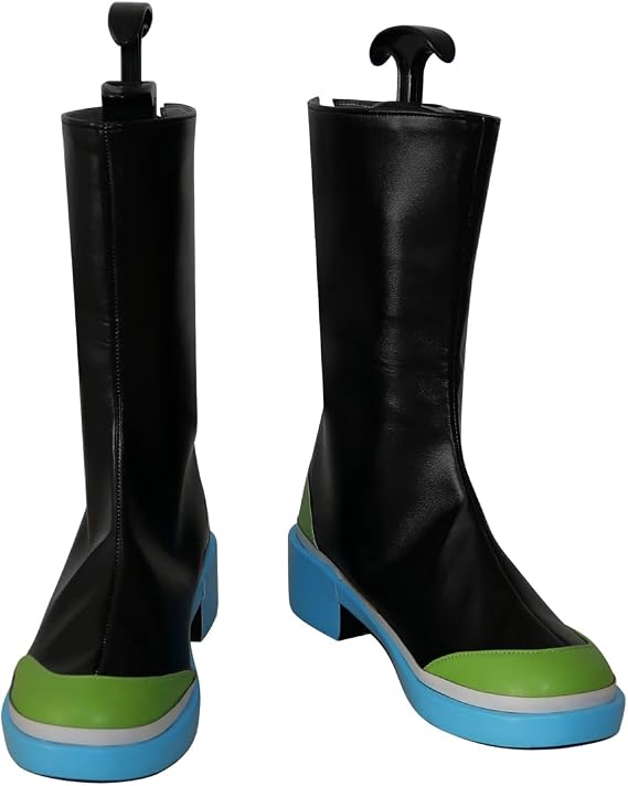 Black Mid Calf Boots with Green Toe Cap Blue White Sole Cosplay Shoes S008