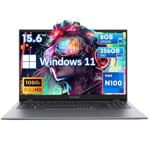 CHUWI 15.6 inch Laptop, 8GB LPDDR5 RAM 256GB SSD, Intel N100Beat N95N5095, 3.4GHz, Windows 11 Laptops PC, FHD 2K IPS Display, 1TB SSD Expand, RJ45, WiFi 6, BT5.2, HDMI, USB3.0, Webcam