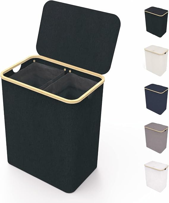 LONBET 150L Double Laundry Basket with Lid and Sturdy Bamboo Frame - Aesthetic Laundry Hamper with Side Handles, Made from Breathable Fabric - Laundry Bin with Removable Bag, Clothes Basket Black