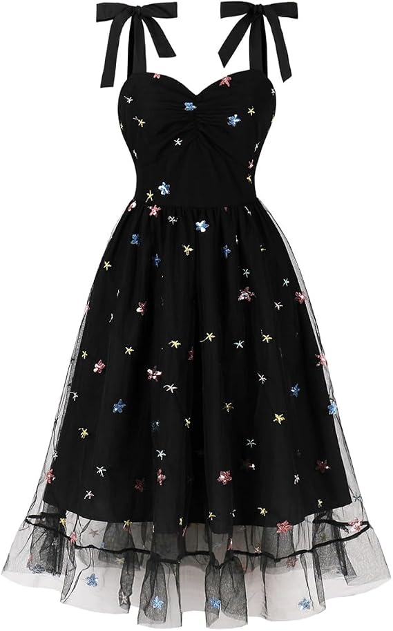 ODIZLI Womens 1950s Retro Vintage Dress Adjustable Spaghetti Straps Mesh Strawberry/Flower/Cherry Swing Dress Cocktail Dress