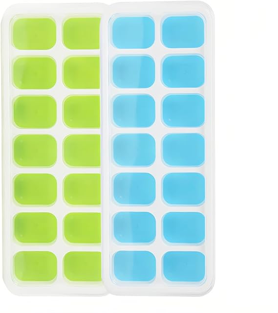 TONSHEN 2 Pack Ice Cube Tray with Lid for Freezer, 28 Cubes Silicone Plastic Ice Trays, Ice Cube for Chilling Drinks, Easy to Release, Blue+Green