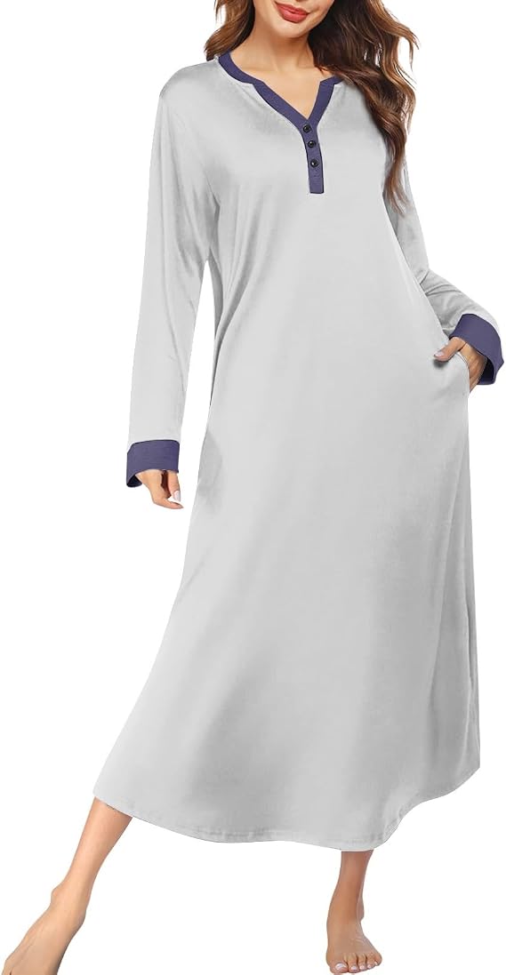 Womens Nightgowns Long Sleeve Sleepwear V Neck Button Loungewear Nightshirt Full Length Dress with Pockets