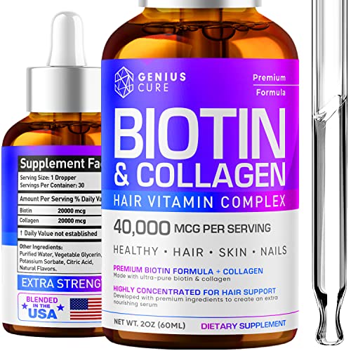 GENIUS CURE Biotin & Collagen Drops for Easy Absorption - Hair Growth Liquid Supplement - Healthy Skin & Nails - Unisex