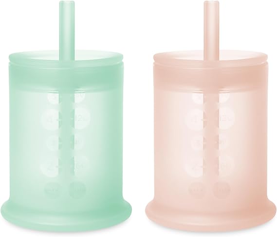 Olababy Silicone Training Cup with Straw Lid Bundle 5oz Mint + 5oz Coral