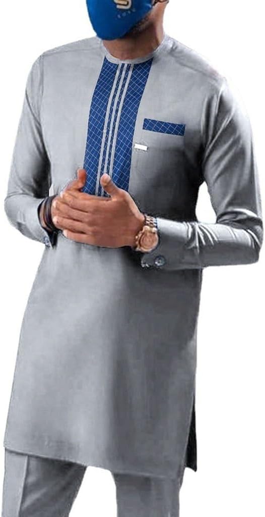 Men's African 2 Piece Set Long Sleeve Outfit Dashiki Suit Shirt and Pant Traditional Ethnic Clothing Tracksuit Attire (Color : Gray, Size : Medium)