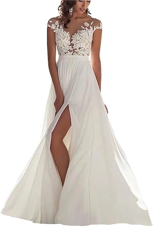 Womens Wedding Dresses for Bride 2023 Lace Applique Boho A Line Wedding Gowns for Women Cheap Sleeveless Chiffon Bridal Dresses White 6