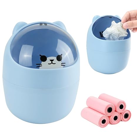 Mini Trash Can, Cute Small Trash Can with Lid, Desktop Paper Bin with 5 Rolls of Bin Liners, Portable Tabletop Dustbin, Cartoon Rubbish Storage for Office Bedroom Desk Car Kitchen (Blue)