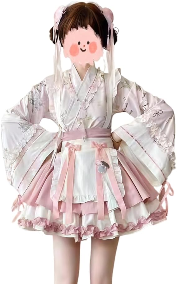 Women's Japanese Lolita Clothes, 3-Piece Set, Long Sleeves, Wide Sleeves, Cross Collar, Small Floral Pattern, Ribbon, Shirt, High Waist, Ruffles, Cute, Skirt, Lolita, Apron, Mass Production