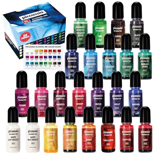 Alcohol Ink Set New Improved Formula 24 Highly Saturated, Fast-Drying, Permanent Inks for Epoxy Resin, Tumblers, Fluid Art Painting, Glass, Metal, and More