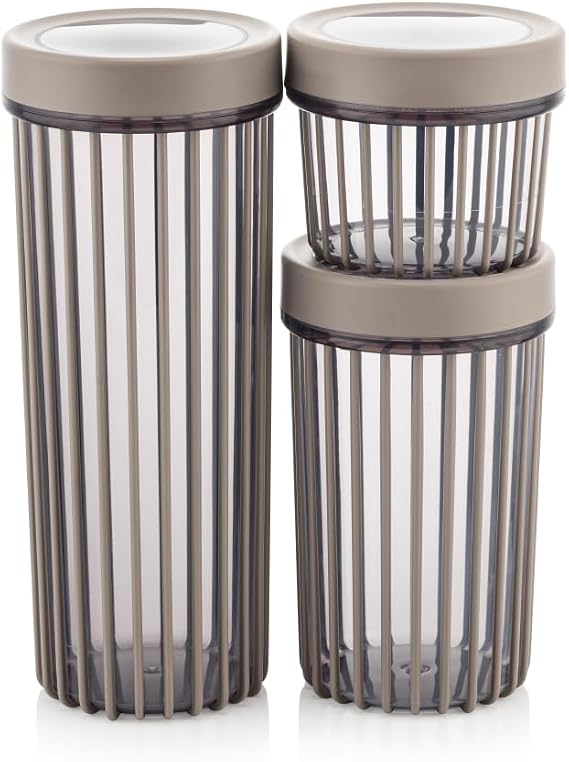 3'lü Çevir Aç Kapak Kavanoz Plastik Saklama Kabı Seti, Büyük, Orta, Küçük, 3 Boy (BEJ)