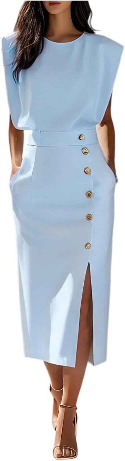 FUPODD Sheath Dress Women's Elegant for Wedding Long Cocktail Dress Business Dress Wedding Guest Midi with Slit Evening Dress Festive Dresses Buttons Midi Dress Women with Pockets Summer Dress Elegant