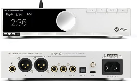 SMSL PL200 HiFi CD Player, Audio MQA-C D Player, AK4499EX Chip DSD512 32Bit/768kHz, USB/CD Player to XLR Balanced RCA R/L Coaxial Optical 6.35mm Headphone Output, Fully Balanced Headphone Amplifier