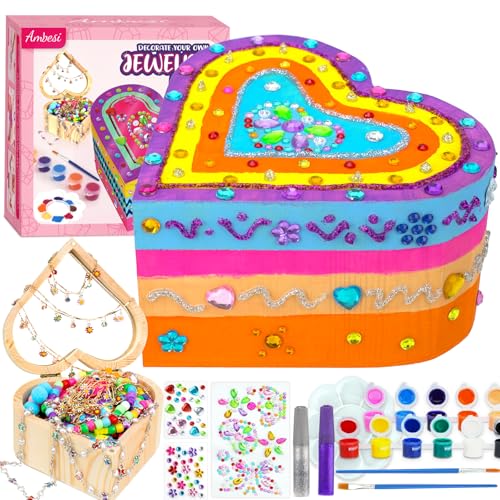 Ambesi Paint Your Own Wooden Jewelry Box, Art Heart Treasure Box Kit for Girls, Decorate Jewelry Box Kit for Kids Ages 4-6, 6-8, DIY Arts and Crafts Gift for Birthday Mothers Day
