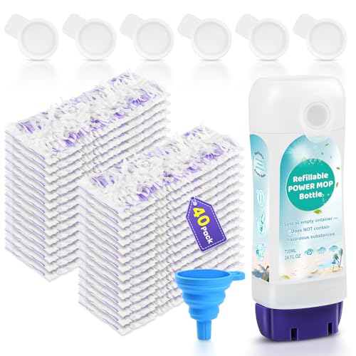 PowerMop Cleaning Bundle: 40 Disposable Refill Pads & 24oz Reusable Refillable Bottle with Funnel for Swiffer Power Mop, Multi-Surface Safe, Leak-Proof Design
