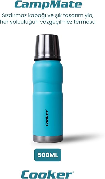 Cooker 500 ML Çift Kat Sızdırmaz Paslanmaz Çelik Termos, Mavi, 12 Saat Sıcak 24 Saat Soğuk Koruma
