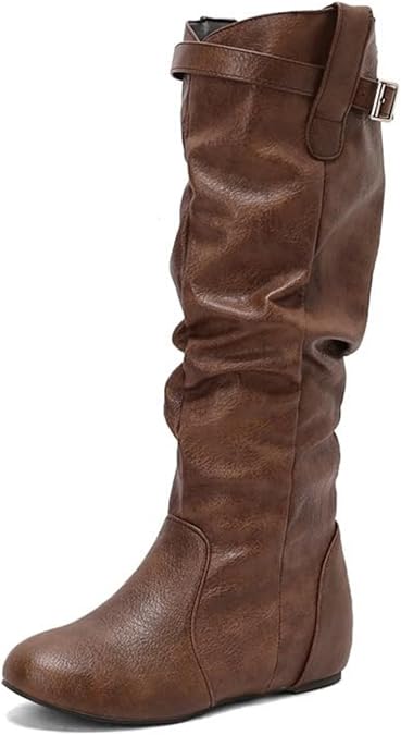 Womens Vintage Slouchy Flat Boots Costume Medieval Victorian Wide Calf Knee High Boots Comfort Round Toe Pull On Pirate Mid Calf Low Heel Boot