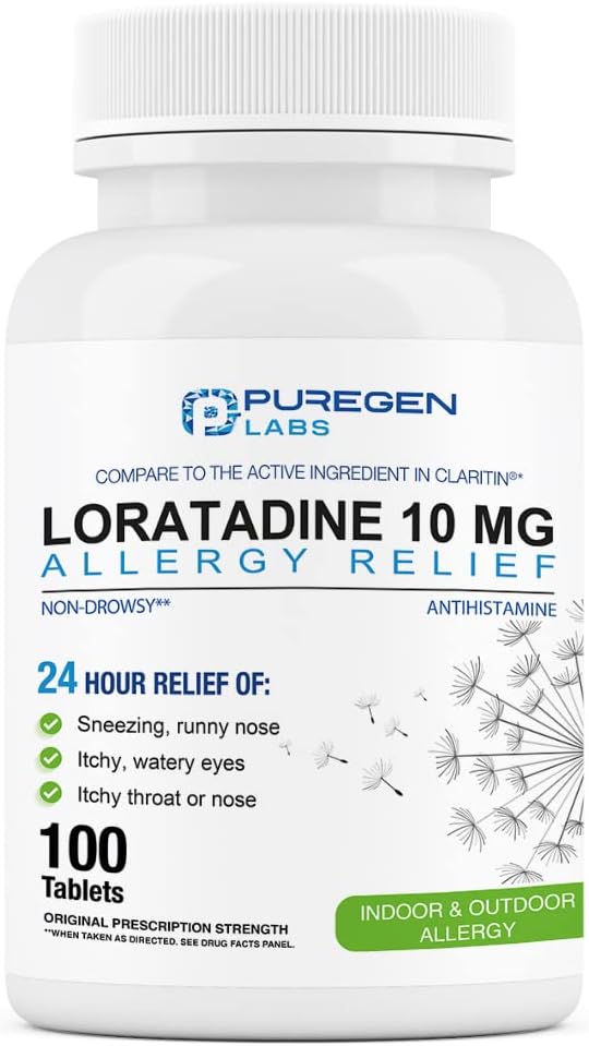 Puregen Labs Allergy Relief, Loratadine 10mg, 100 Tablets – 24 Hour Non-Drowsy Antihistamine Allergy Medicine for Runny Nose, Sneezing, Itchy, Watery Eyes