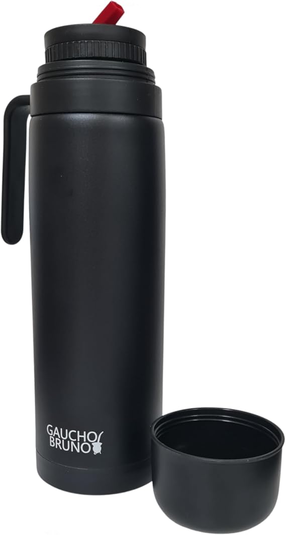 Gaucho Bruno Yerba Mate Flask - Thermal Drink Container with Precision Pour Spout, Handle & Screw Lid - Insulated for Hot & Cold Beverage - Black Powder Coated Stainless Steel - 1 Litre Capacity