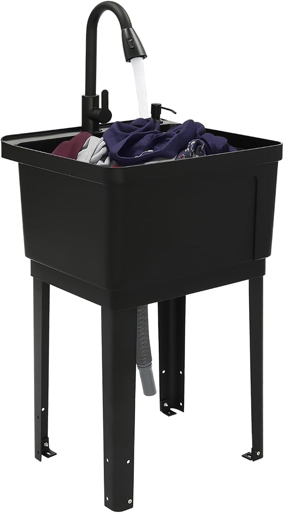 Utility Sink Extra-Deep Laundry Tub, Utility Sink Laundry Tub with 360 Rotatable High Faucet, Heavy Duty Floor Mounted Freestanding Wash Station for Restaurants, Laundries, Stores (Black)